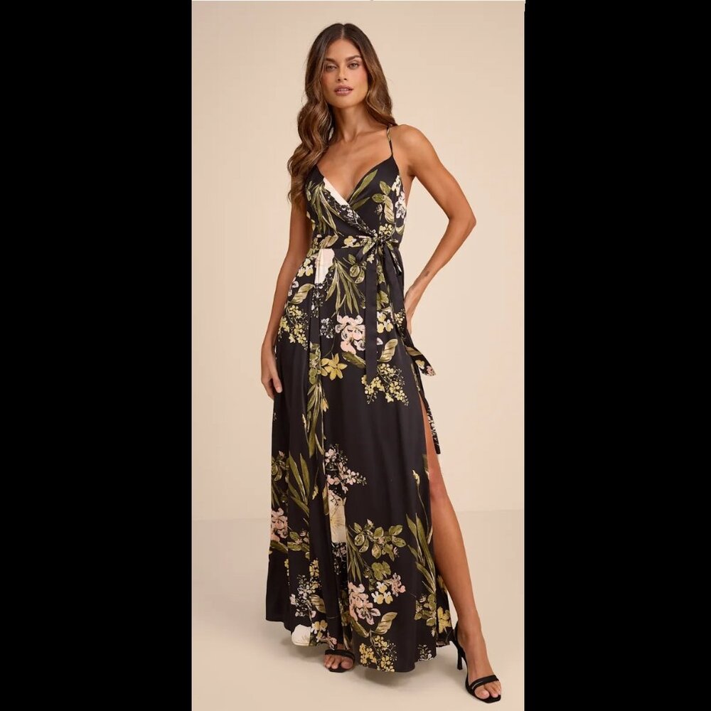 Still the One Black Floral Print Satin Maxi Dress
